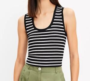 Loft Womens Black White Stripe Perfect Ribbed Scoop Neck Tank Top NEW Large